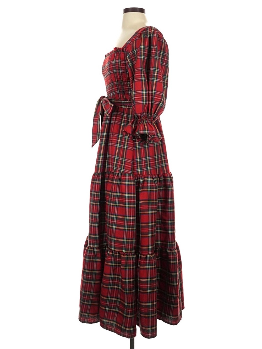 Aura | Red Plaid Puff Sleeve Christmas Holiday Maxi Dress with Tie Waist - Picture 6 of 7
